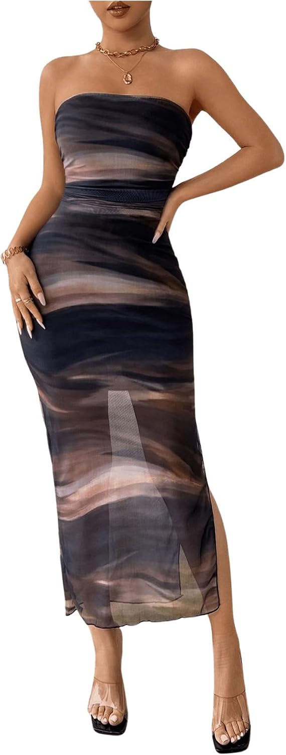 Milumia Women's Tie Dye Strapless Maxi Dress Mesh Split Bodycon Vacation Long Tube Dresses h