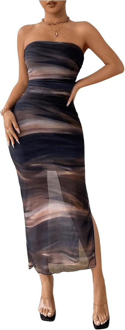 Milumia Women's Tie Dye Strapless Maxi Dress Mesh Split Bodycon Vacation Long Tube Dresses h