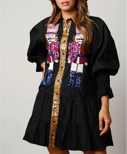 ABYOVRT Christmas Nutcracker Dress for Women Sequin Sweatshirt Dress Long Puff Sleeve Button Down Mini Shirt Dresses Costume