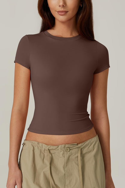 QINSEN Women's Crew Neck Short Sleeve Double-Layer Tops Basic Slim Fit Going Out T Shirt