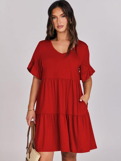 ANRABESS Dresses for Women Summer 2026 V Neck Ruffle Sleeve A Line Tiered Flowy Casual Trendy Mini Beach Dress with Pockets