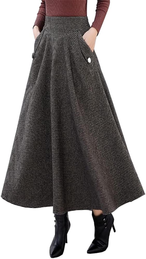 Kinghua Womens Wool Plaid Skirt Fall Winter High Waisted Bodycon Pencil Skirt.
