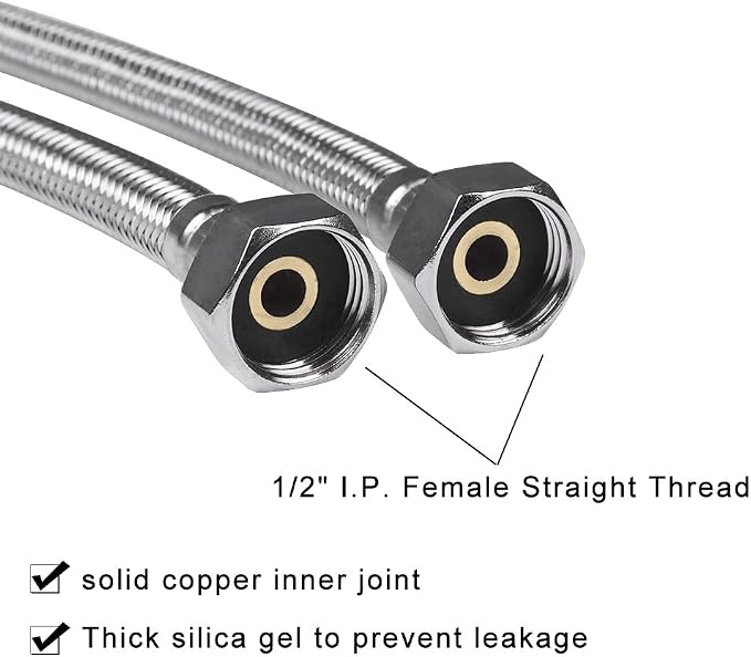 Faucet Line Connector Braided 304 Stainless Steel Supply Hose 1/2" I.P. Female Thread to 3/4" I.P. Female Straight Thread Faucet Hose Replacement (One Pair)