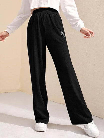 Verdusa Girl's Graphic Embroidery Straight Leg Sweatpants Elastic Waist Joggers with Pockets