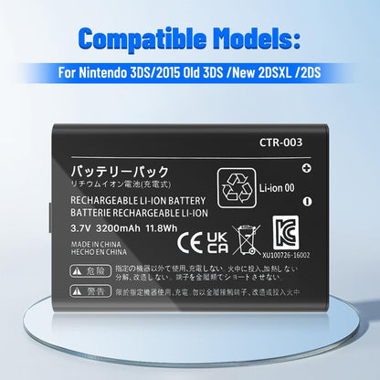CTR-003 Battery, (2026 New Version) Ultra High Capacity 3200mAh Li-ion Replacement Battery for Nintendo 3DS N3DS / Old 3DS / New 2DS /2DS CTR-001 MIN-CTR-001 Gaming Console
