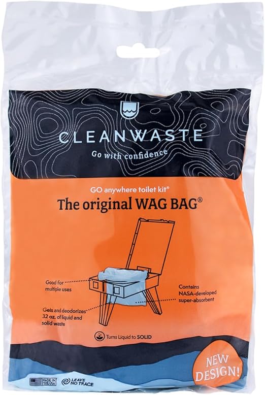 Cleanwaste Original WAG Bag Portable Toilet (5 Pack) - Go Anywhere Kit For Camping, Boating, Travel - NASA Gelling Powder for Poop/Pee
