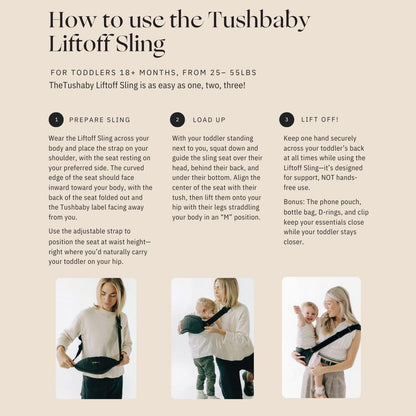 Tushbaby Liftoff Toddler Sling - Minimalist, Easy-On Toddler Carrier for Quick Carrying – Compact, Comfortable, and Stylish with Built-in Phone Pocket & Bottle Holder (Cheetah)