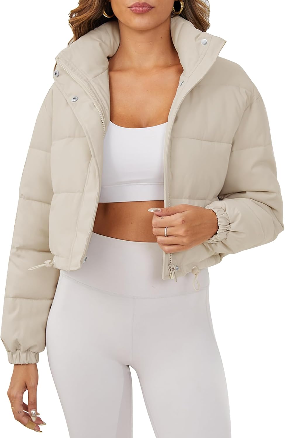 Ogfao Women's Cropped Puffer Jacket Long Sleeve Puffy Coat Stand Collar Zip UP Quilted Padded Drawstring Outwear with Pockets https://a.co/d/02wYxNC6