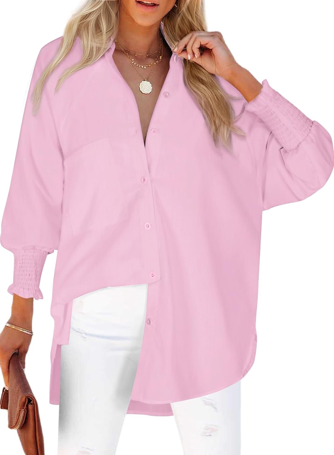Womens Smocked Cuffed Striped Boyfriend Shirt Casual Collar Long Sleeve Oversized Button Down Blouse Tops with Pocket Shirred.