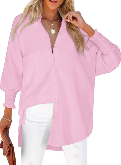 Womens Smocked Cuffed Striped Boyfriend Shirt Casual Collar Long Sleeve Oversized Button Down Blouse Tops with Pocket Shirred.