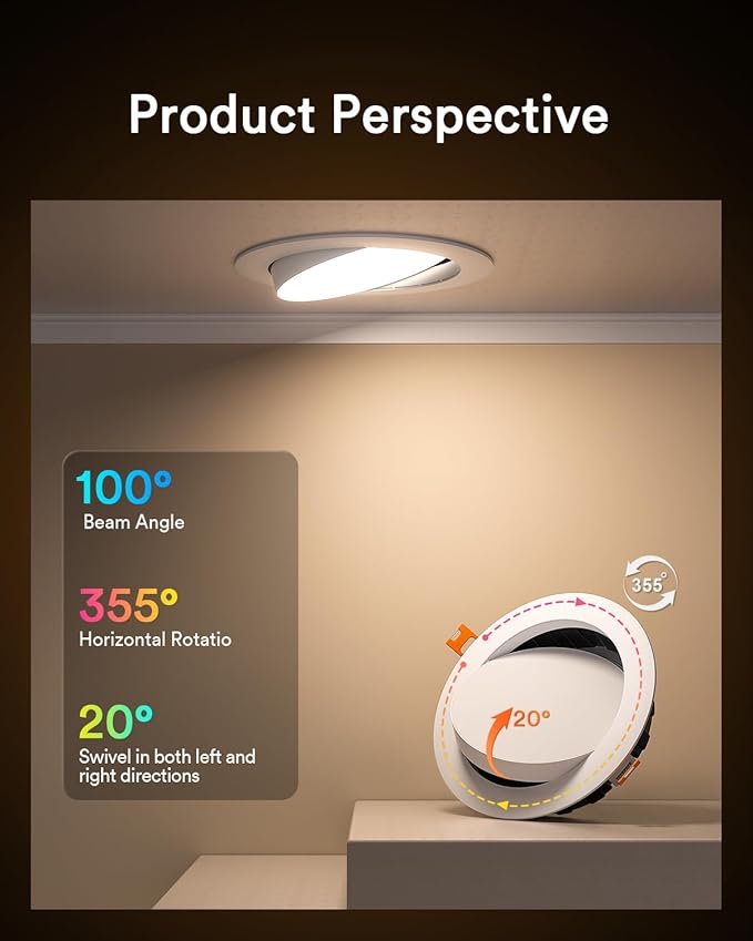 Lumary Smart LED Recessed Lighting 4 Inch, 35520 Wi-Fi Gimbal Recessed Lights, Color Changing Canless Downlight, Compatible with Alexa  Google, 9W 780lm CRI90 FCC 1 Pc