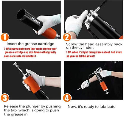 Grease Gun with Quick Release Coupler, 9000 PSI Professional Heavy Duty 14 oz Pistol Grip Grease Gun with 18 Inch Spring Flex Hose, 1 Extension Rigid Pipe and1 Sharp Nozzle Included