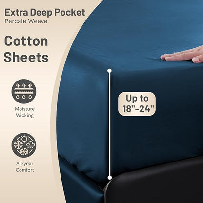 MEISHANG Extra Deep Pocket Cotton Sheets Queen Size, Fits 18"-24" in Deep Mattress, 100 Egyptian Cotton 800 Thread Count, Hotel Style Percale Sheet - Navy
