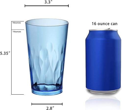 Unbreakable Plastic Drinking Glasses Set of 6 Shatterproof Tumblers, Reusable Glass Cups, Dishwasher Safe (16 Ounces)