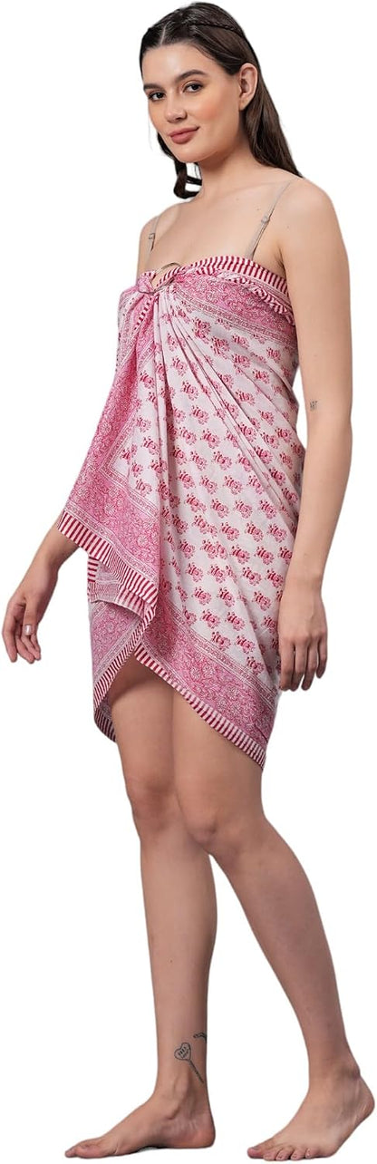 100% Cotton Swimsuit Cover-Up, Indian Hand Block Printed Sarong Wraps Bikini Cover-Up for Women