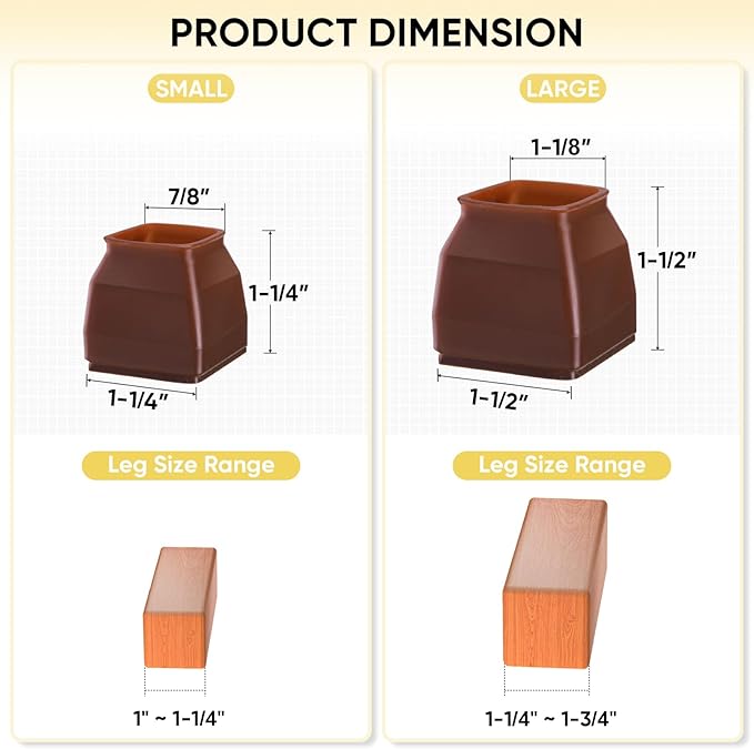 BALEINE 16 Pack Silicone Chair Leg Floor Protectors, Stool Leg Protectors Cap, Non-Slip Chair Leg Caps for Hardwood Floors (Brown  Large (Square), 16 Pack)