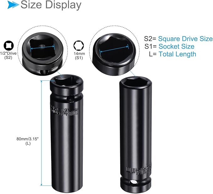 Deep Impact Socket, 12" Drive 14mm Socket, CR-V Steel Rounded Corner Design 6-Point Deep Impact Socket - (Applications: for Screw Installation and Removal)