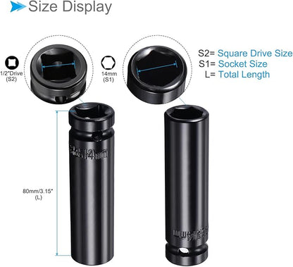 Deep Impact Socket, 12" Drive 14mm Socket, CR-V Steel Rounded Corner Design 6-Point Deep Impact Socket - (Applications: for Screw Installation and Removal)