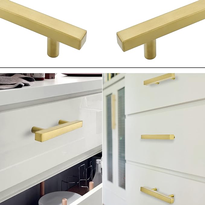 goldenwarm Gold Cabinet Pulls Brushed Brass Kitchen Cabinet Handles 2Pack - LS1212GD102 Square Gold Drawer Pulls for Dresser Modern Hardware 4in(102mm) Hole Center