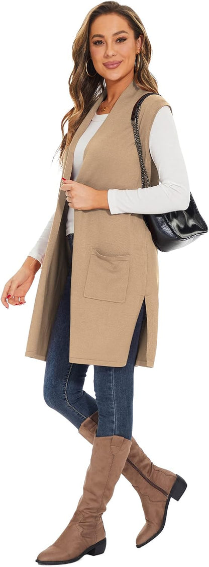 Moss Rose Women's Long Knit Cardigan Vest Casual Sleeveless Open Front Draped Duster Vest (Available in Plus Size)