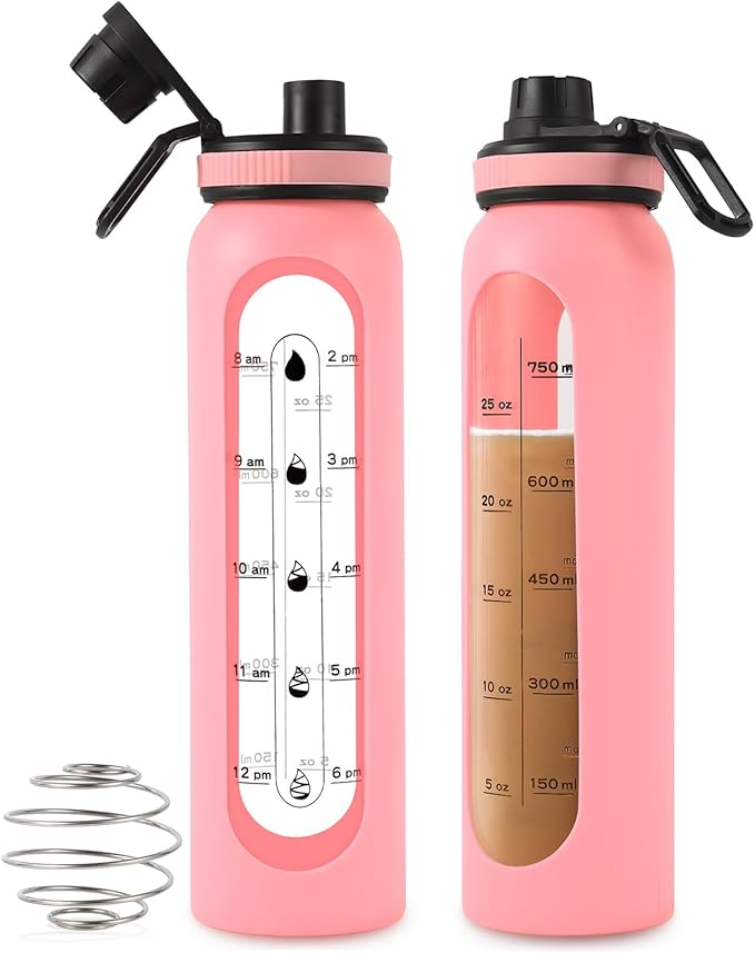 Glass Shaker Bottle,34oz/1L BPA-Free Blender Shaker Bottle With 304SS Ball and Retractable Cleaning Brush for Protein Mixes Fitness(Pink)