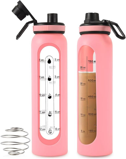 Glass Shaker Bottle,34oz/1L BPA-Free Blender Shaker Bottle With 304SS Ball and Retractable Cleaning Brush for Protein Mixes Fitness(Pink)