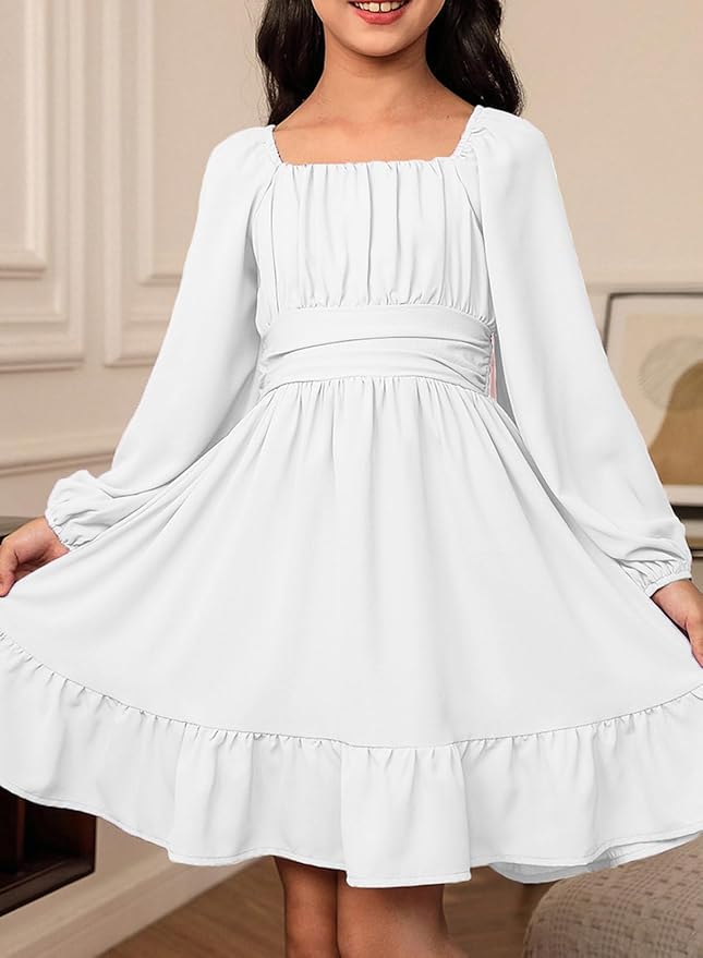 blibean Girls Long Sleeve Tie Back Dress Tween Fall Off Shoulder Dress Size 6-15 Years