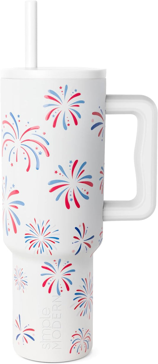 Simple Modern 40 oz Tumbler with Handle and Straw Lid 4th of July Insulated Reusable Stainless Steel Water Bottle Travel Mug Cupholder Use Gifts for Women Men Him Her Trek Signature Fireworks