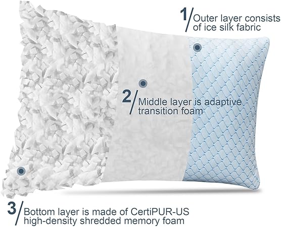 Uniqwamer Cooling Bed Pillows for Sleeping 2 Pack Shredded Memory Foam Adjustable Pillows Standard Size Set of 2 for Side Back Sleepers - Luxury Extra Comfy Gel Pillows with Washable Removable Cover