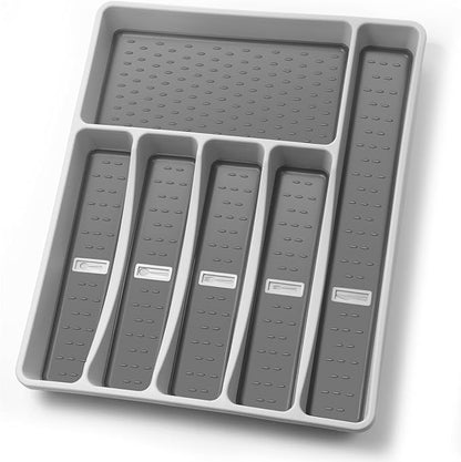 Silverware Organizer with Cutlery Icons,Silverware Tray for Kitchen Drawer,Plastic Flatware Tableware Cultery Drawer Organizer Utensil Organizer with Non-slip TPR Linings,6-Compartment