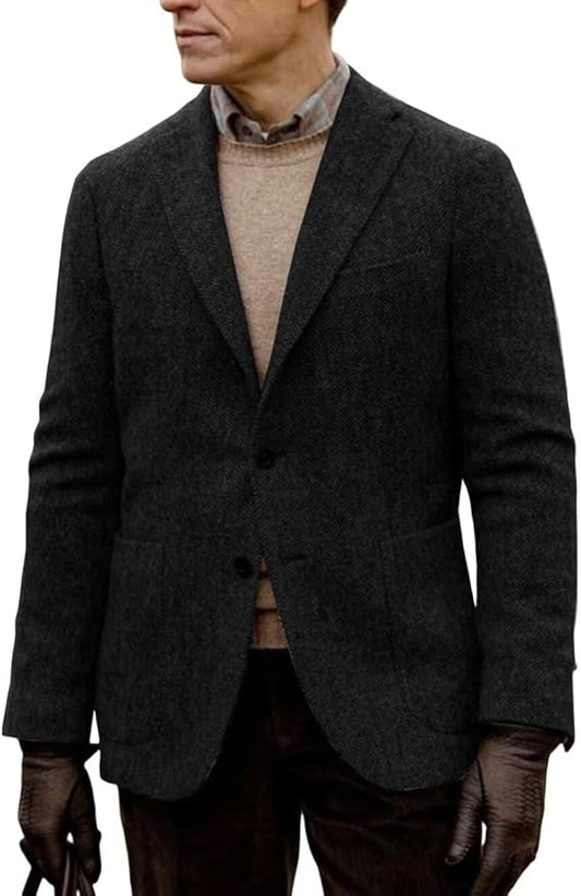 Men's 3-Button Wool Blend Blazer Vintage Herringbone Sport Jacket with Pocket Square