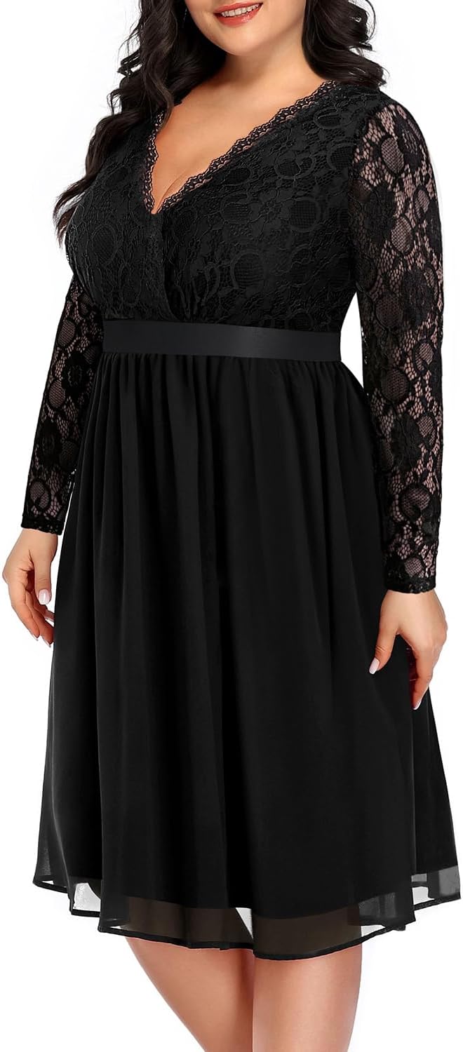 26 W, Women Plus Size Wedding Guest Dresses Cocktail Black Wrap Lace Fall Formal Long Sleeve Knee Length Evening Party Dress .