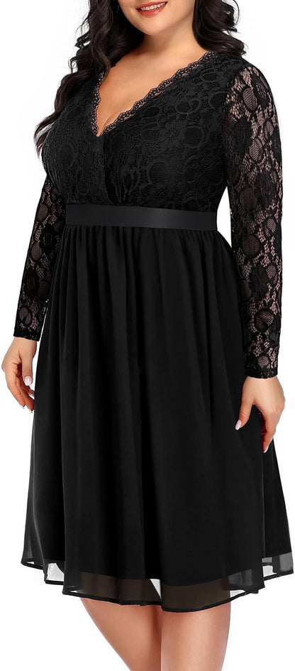 26 W, Women Plus Size Wedding Guest Dresses Cocktail Black Wrap Lace Fall Formal Long Sleeve Knee Length Evening Party Dress .