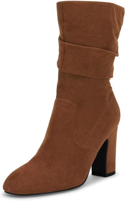 Coutgo Women's Mid Calf Slouchy Boots Suede High Heel Zip Stacked Chunky Block Round Toe Booties.