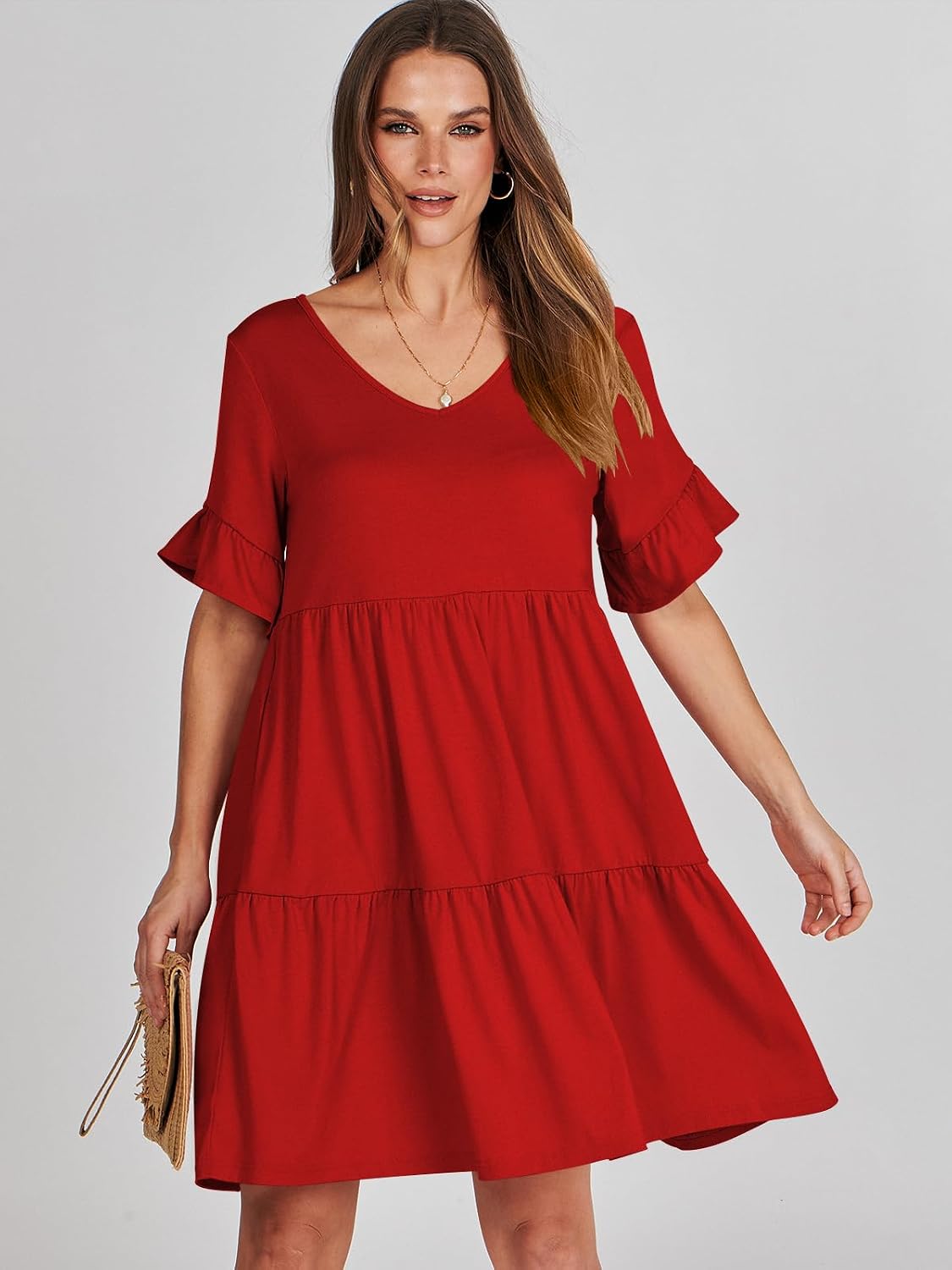 ANRABESS Dresses for Women Summer 2026 V Neck Ruffle Sleeve A Line Tiered Flowy Casual Trendy Mini Beach Dress with Pockets