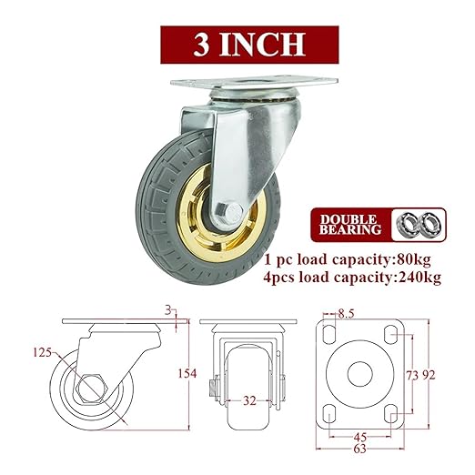 1PCS Casters Heavy Duty Furniture Rubber Swivel Mover Silent Shelves Wheelbarrow Trolley Hardware Transporter Tire Trolley(1pc Stem Brake Wheel,4 inch)