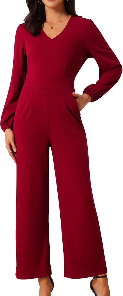 Seta T Women's V Neck Long Sleeve High Waist Wide Leg Casual Jumpsuits with Pockets.