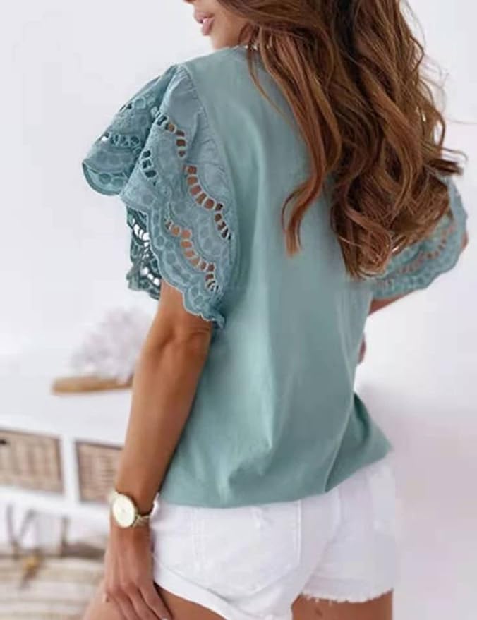 Kwoki Womens Flare Short Sleeved Blouse Round Neck Lace Crochet Mesh Sleeve Shirt Top
