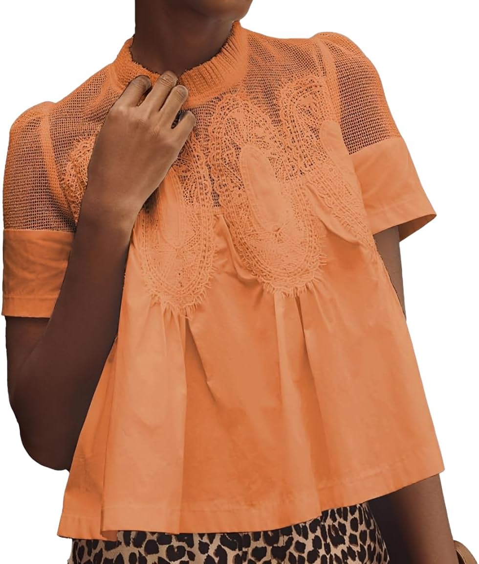 VAOYIU Women's Lace-Detail Short Sleeve Flared Blouse