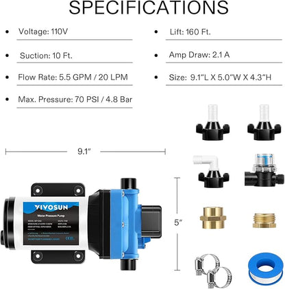 REFURBISHED VIVOSUN Water Pressure Pump, 110V 5.5GPM 70 PSI Diaphragm Water Pump Include 12" and 34" Garden Hose Adapters, Power Plug for Bathrooms, Kitchens, RVs, and Yachts