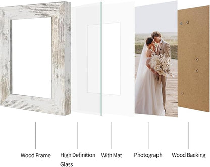 4x6 Picture Frame Set of 2 with HD Glass, Distressed White Wood Photo Frames Display 3.5x5 Picture with Mat or 4 x 6 Without Mat for Horizontal or Vertical Tabletop and Wall Mounting