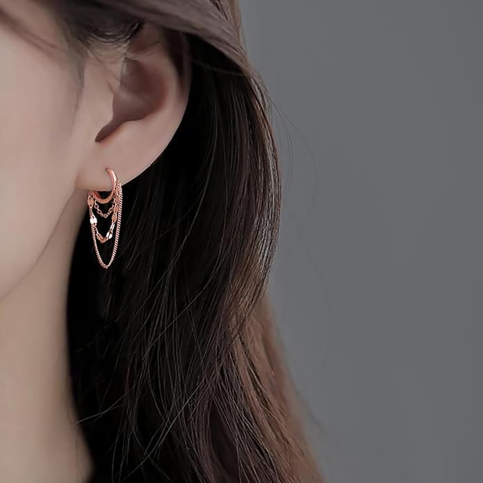Reffeer Solid 925 Sterling Silver Chain Drop Earrings Hoop for Women Teens Hoop Earrings Tassel Chain Huggie Dangle Earrings