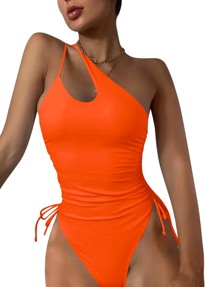 Women's One Piece One Shoulder Swimsuit with Drawstring Tummy Control Bathing Suit Sexy High Cut Swim Suits