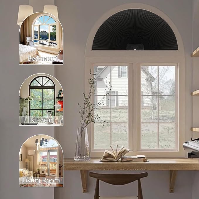 SEEYE Arch Window Blackout Shades, Pleated Fabric Blind (Radius: 24'') Half Circle Cellular Cordless Semicircular Blinds with No Tools, Half-Round Shade Easy to Cut and Install, Beige