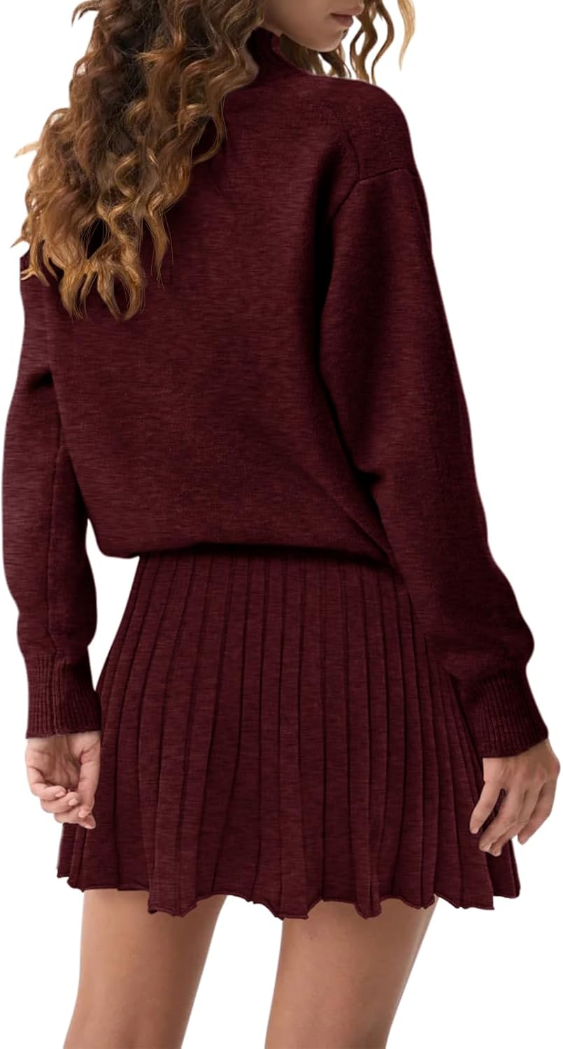 COCCKO Women's Two Piece Outfits Turtleneck Long Sleeve Ribbed Knit Tops Pleated Mini Skirt 2026 Casual Sweater Sets.