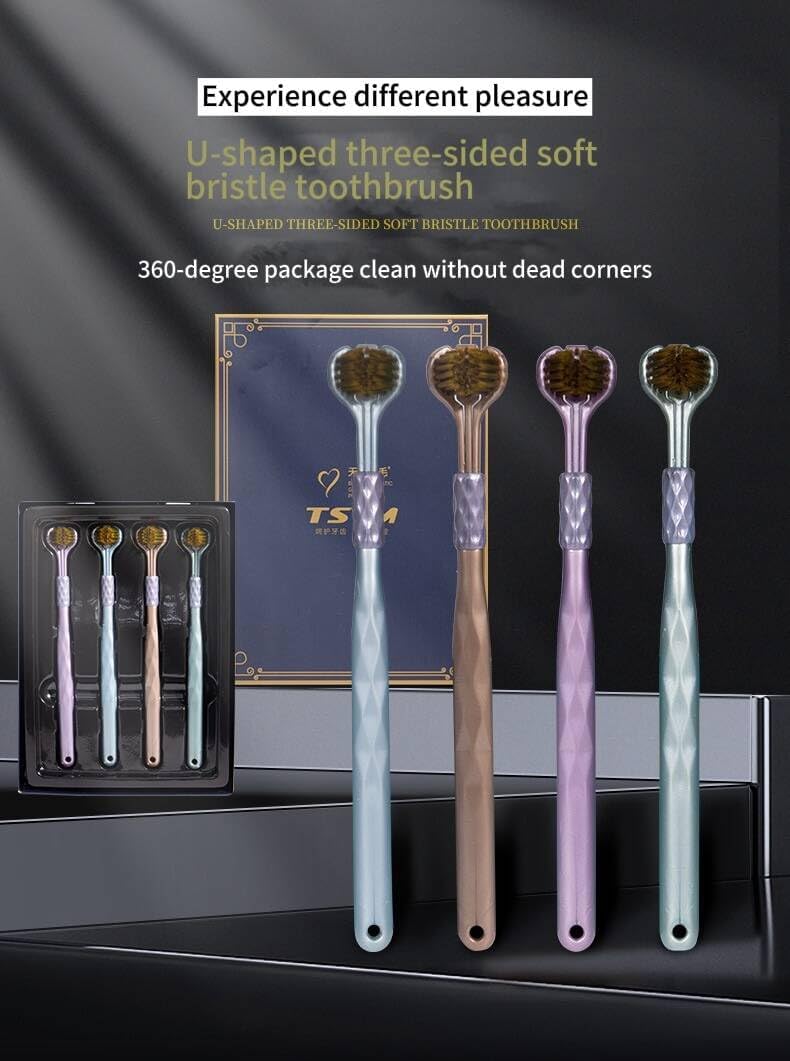 Three-Sided Toothbrush, 4-Piece Adult Toothbrush Set, Soft bristled Toothbrush, Full Tooth and Gum Care, Suitable for Adults and Teenagers (Green, Pink, Brown, Blue)