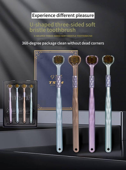 Three-Sided Toothbrush, 4-Piece Adult Toothbrush Set, Soft bristled Toothbrush, Full Tooth and Gum Care, Suitable for Adults and Teenagers (Green, Pink, Brown, Blue)