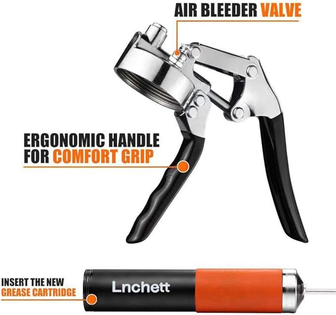 Grease Gun with Quick Release Coupler, 9000 PSI Professional Heavy Duty 14 oz Pistol Grip Grease Gun with 18 Inch Spring Flex Hose, 1 Extension Rigid Pipe and1 Sharp Nozzle Included