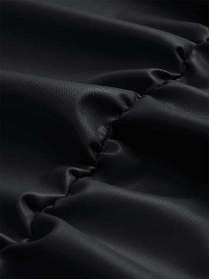 Qikaka Women's Long Sleeve O Neck PU Leather Paneled Ruched Ruffles Sexy Nightclub Party Mini Dress