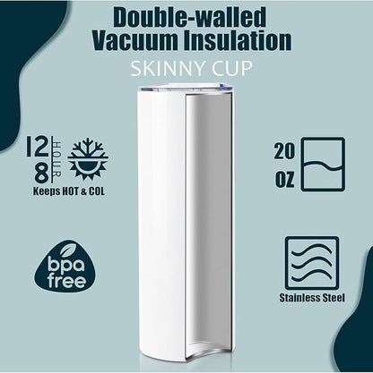 1 Pack Sublimation Tumblers 20 oz Skinny bulk,Stainless Steel Double Wall Insulated Straight Sublimation Tumbler Cups Blank White with Lid,Individually Box,Polymer Coating for Heat Transfer